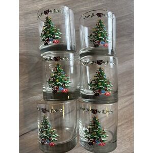 Vintage Set of  6 Holiday Low Ball Glasses Christmas Tree & Gifts Gold rimmed